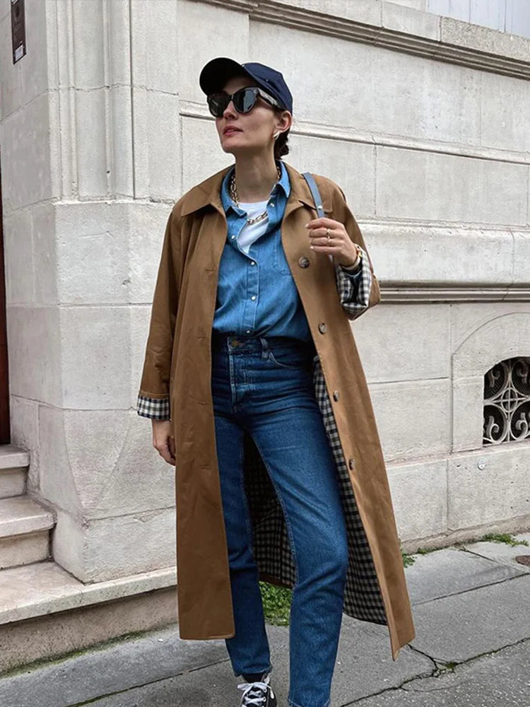 Woman Casual Long Trench Coats Khaki Plaid Lined Lapel Single Breasted Jacket With Pocket 2024 Autumn Chic Lady Commute Outwear