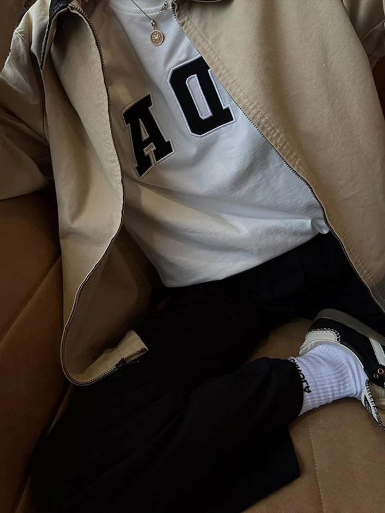 Leather Collar Cargo Jacket Coat Color Patchwork Lapel Button Zipper Pocket Workwear Outwear Loose Casual Minimalist Outwear Top