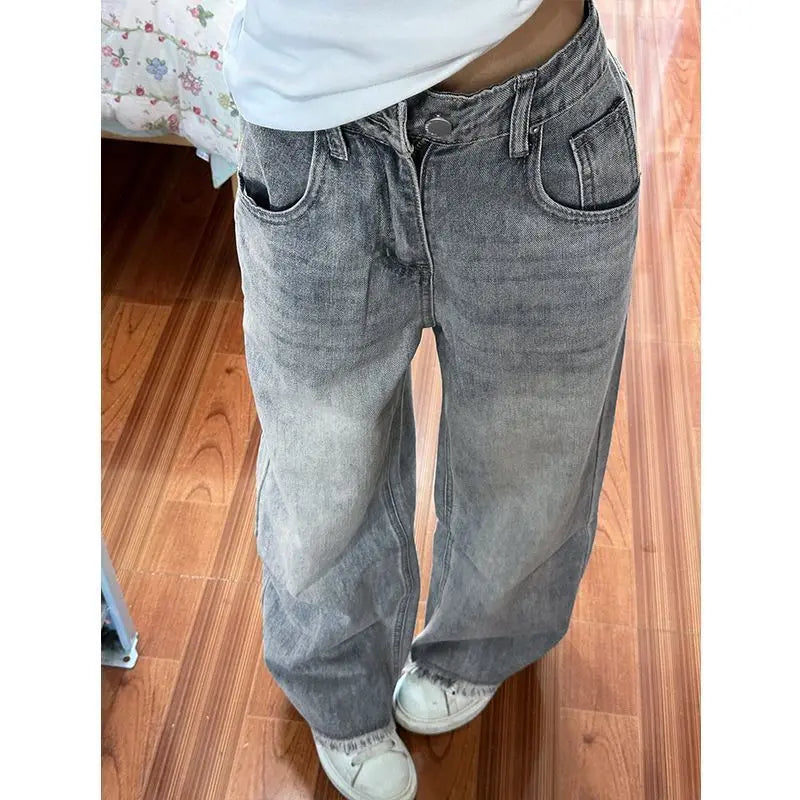 Y2k Baggy Women Jeans Vintage Harajuku Korean Popular Basic Wide Leg Denim Pants High Waist Office Lady Loose Trousers