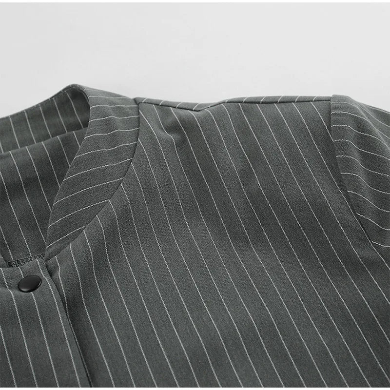 Women Striped Skirt Set Stand Collar Single Breasted Top High Waist Pleated Skirts 2024 Summer Fall New Fashion Lady Office Suit