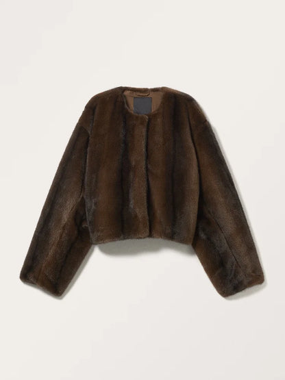 Women Dark Brown Fashion Faux Fur Cropped Coat Elegant O-neck Buckles Long Sleeve Warm Jacket Lady Fall Winter Chic Streetwear