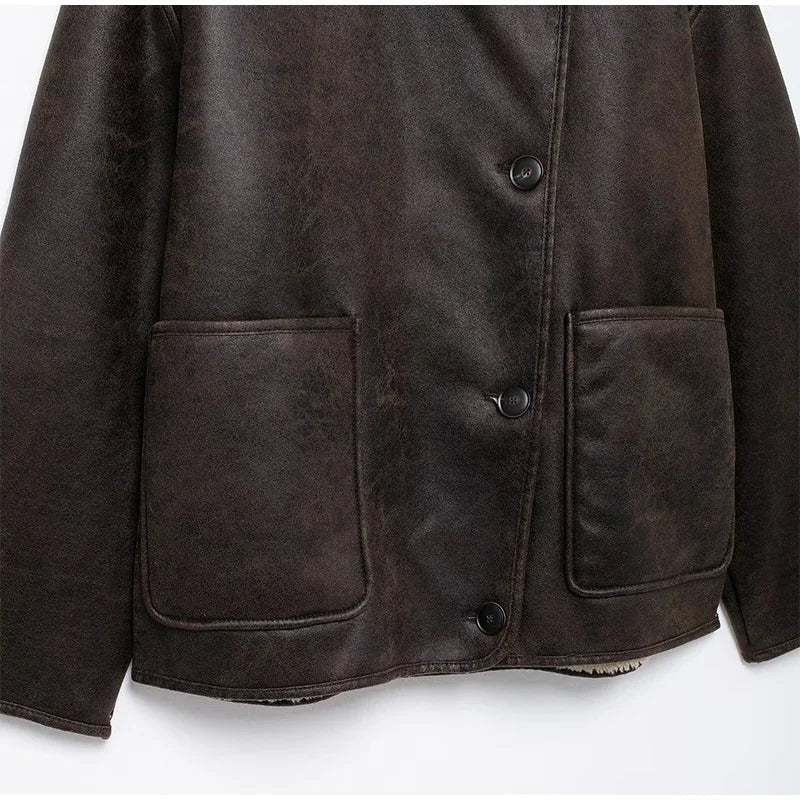 Women Double Sided Jacket Winter Casual Packet Faux Leather Jackets Single Breasted Lapel Female Coat New Commuter Outerwear