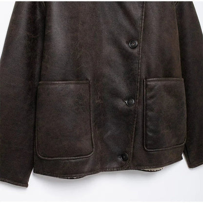 Women Double Sided Jacket Winter Casual Packet Faux Leather Jackets Single Breasted Lapel Female Coat New Commuter Outerwear
