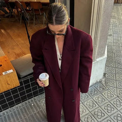New Autumn Winter Women Burgundy Red Padded Shoulder Coats Fashion Double Breasted Casual Lapel Outerwear Female Street Overcoat