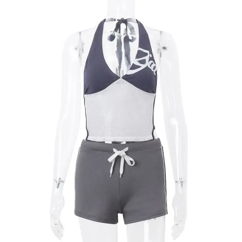 Women pant set halter V neck halter Waistband slim-fit midriff stretch waist lace up shorts Women's casual style summer new