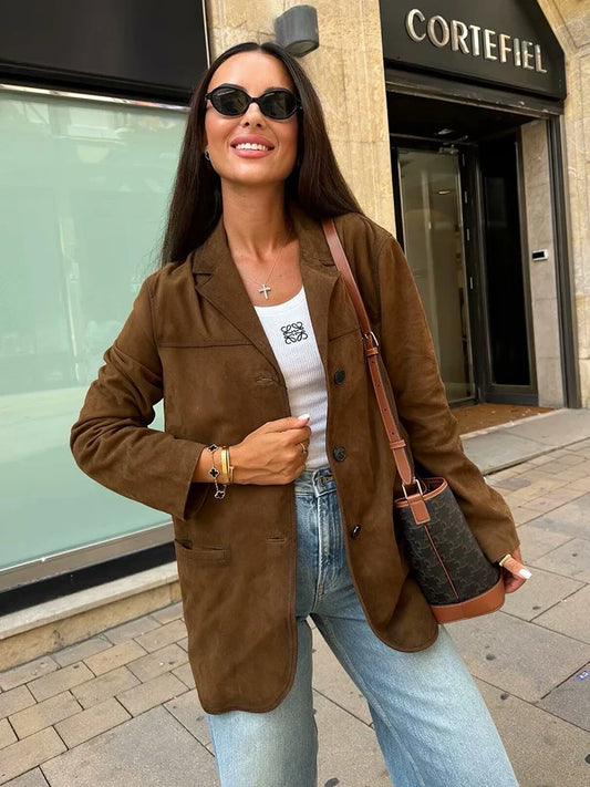 Turn Down Collar Brown Autumn Jacket for Women Casual Single Breasted Long Coat Jacket Female Winter Jacket Back Slit