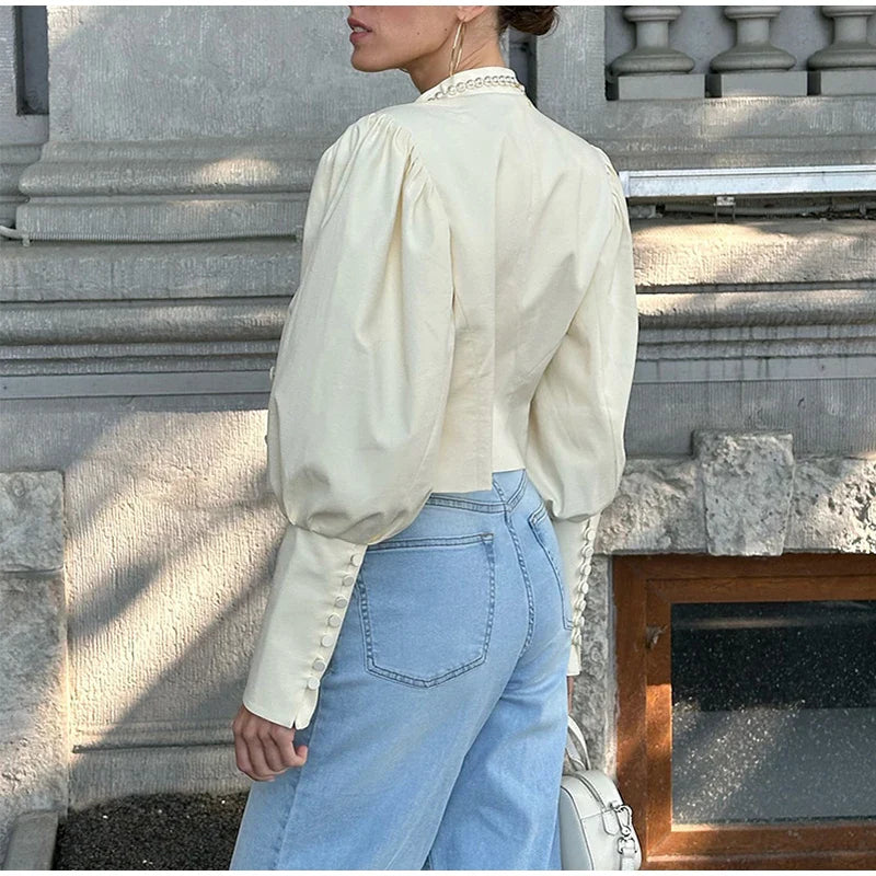 Retro Solid Stand Collar Short Shirt Women Elegant Single Breasted Puffy Sleeve Shirts Coat Lady Versatile Chic Streetwear