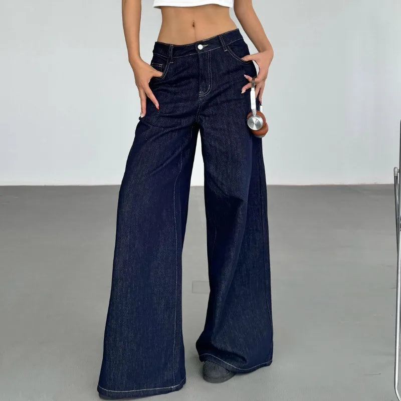 Y2k Vintage Blue Jeans Woman America Retro Baggy Harajuku Casual Denim Pants Korean Style Wide Leg High Waist Trousers