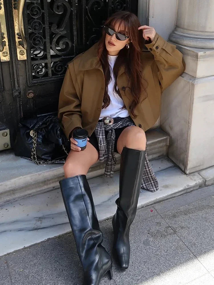 Lapel Single Breasted Loose Windbreaker Women Solid Oversized Jackets 2025 New Fashion Casual Autumn Chic High Street Outerwear