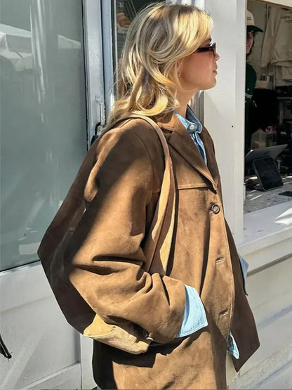 Woman Fashion Brown Lapel With Pocket Jacket Vintage Single Breasted Long Sleeve Short Coat Autumn Lady High Street Outerwear