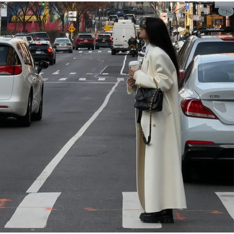 White Elegant Double Breasted Loose Woolen Coat Women Chic Oversized Long Sleeve Overcoat Fall Winter New Ladies Outerwear