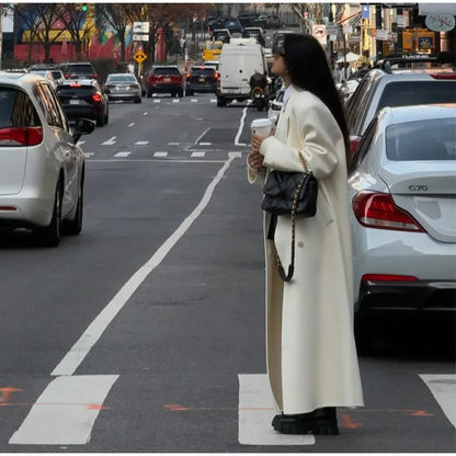 White Elegant Double Breasted Loose Woolen Coat Women Chic Oversized Long Sleeve Overcoat Fall Winter New Ladies Outerwear