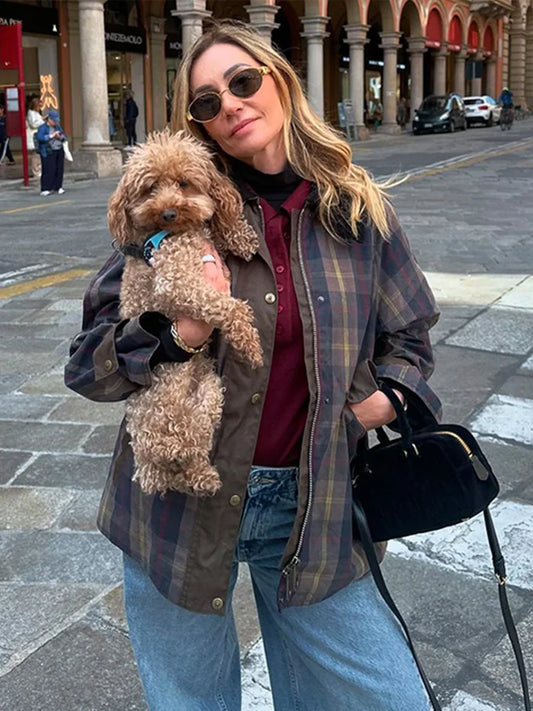 Vintage Plaid Printed Women Jacket Patchwork Turn Down Collar Single Breasted Female Coat Autumn Long Sleeve Zipper Outwear