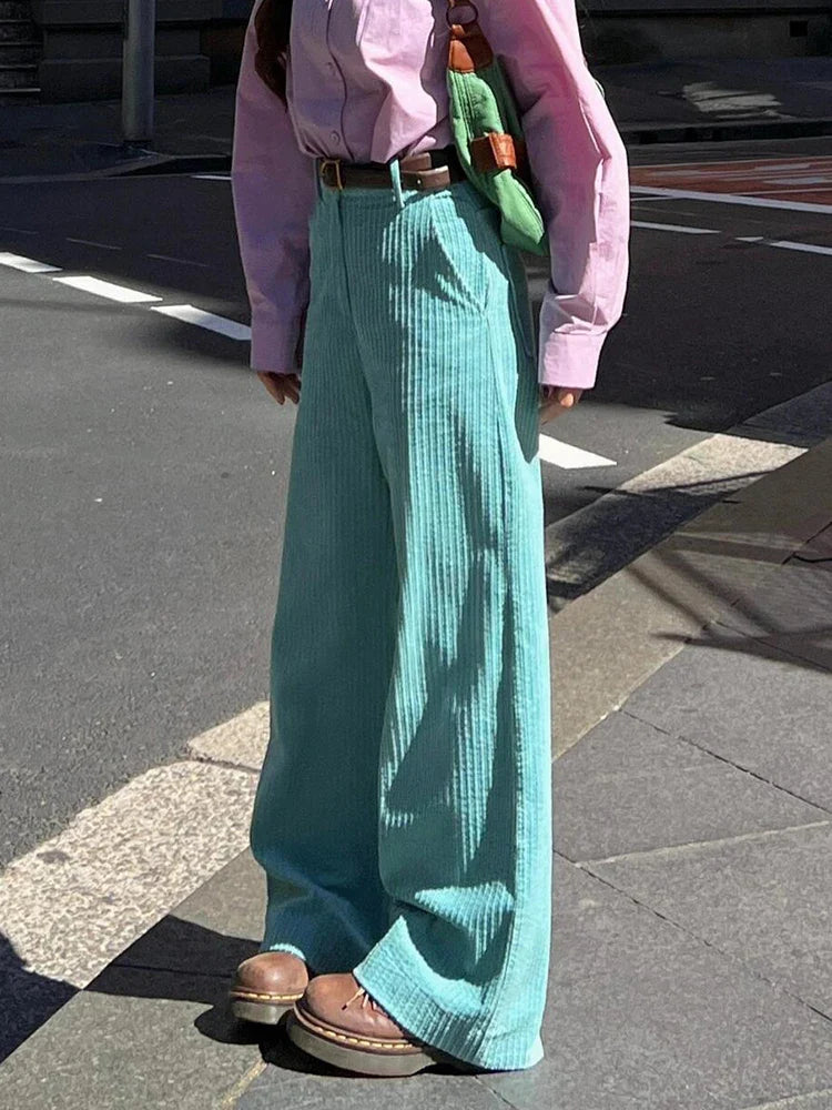 Women Striped Corduroy Wide Pants Plain High Rise Straight Loose Casual Draped Long Trousers Korean Vintage Autumn Clothes