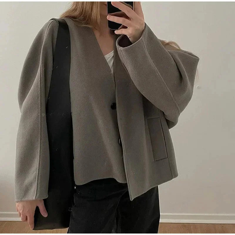 Vintage Solid Single Breasted Short Coats Women Casual Long Sleeves V Neck Crop Jackets Autumn Chic Lady Commuter Outerwear