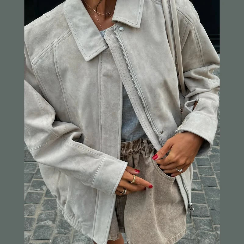 Do Old Suede Jacket Coat White Workwear Style Lapel Casual Simple Retro Leather Tooling Jackets Loose Wide Fit Slimming Outwear