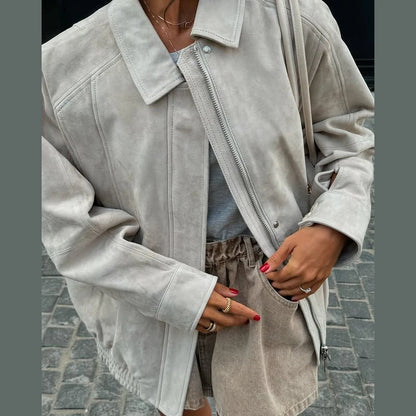 Do Old Suede Jacket Coat White Workwear Style Lapel Casual Simple Retro Leather Tooling Jackets Loose Wide Fit Slimming Outwear