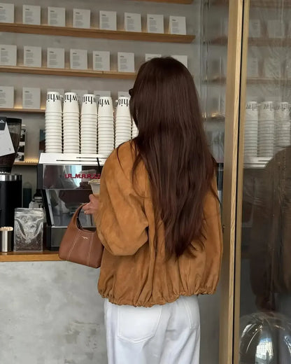 Casual Long Sleeve Stand Collar Female Coats Vintage Suede Zipper Jacket for Women Autumn New Lady Pockets Outerwear Street