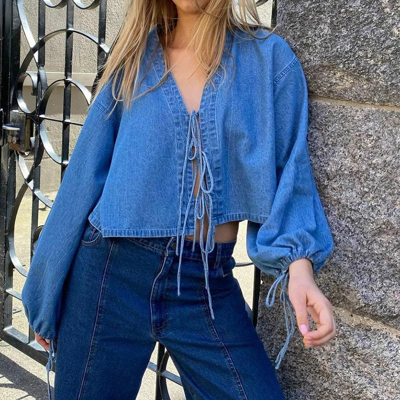00s Retro Tie-up Front Denim Crop Tops Vintage Cottage Long Sleeve V Neck Shirts Spring Fall Blouses Tees Y2K Aesthetic T-shirt