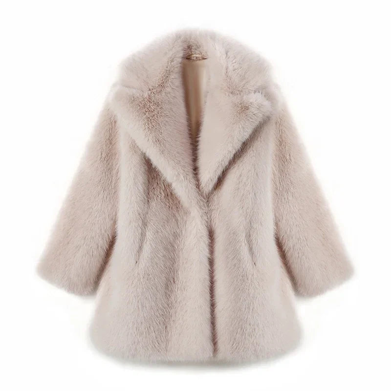 Lapels Faux Fur Coat Women Winter Brand Designer Fluffy Fox Fur Jacket Luxury Furry Overcoats Girl Stylish Long Outerwear