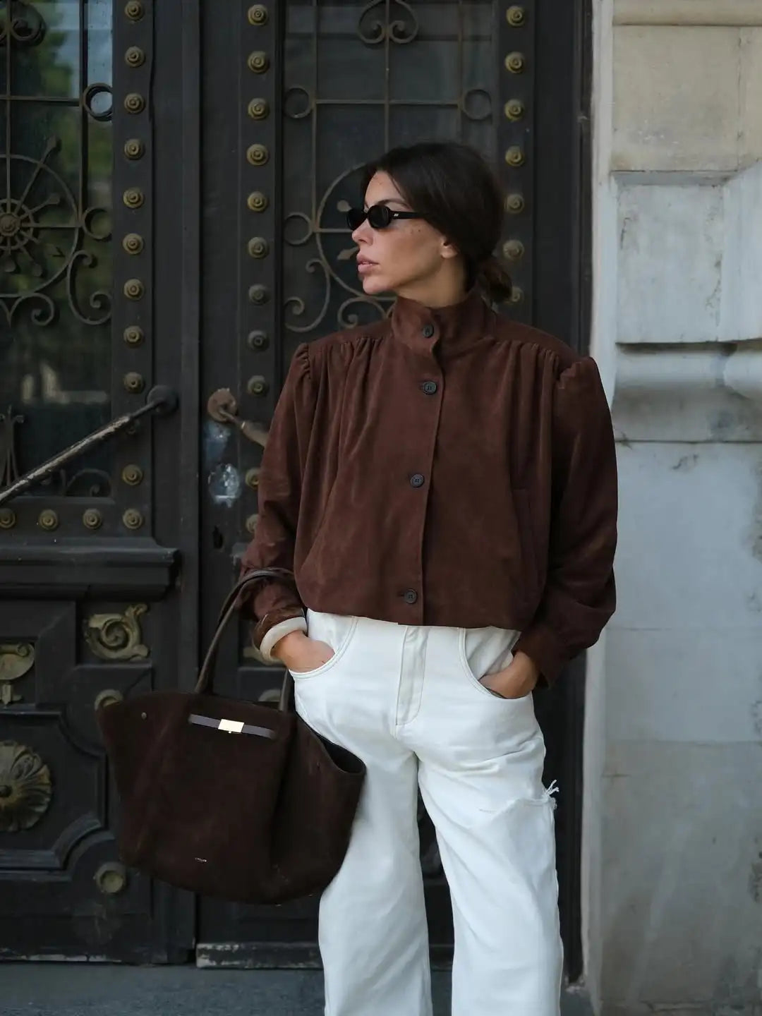 Retro Brown Suede Short Jacket Elegant Women Stand Collar Full Sleeves Single Breasteds Loose Coats Autumn Chic Lady Street Wear