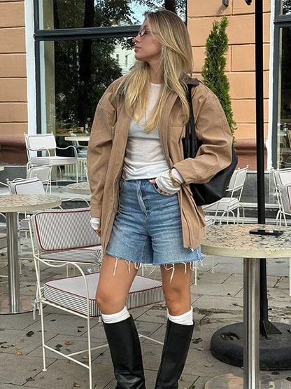 Casual Leather Lapel Jackets Women Vintage Khaki Zipper Pockets Jacket Coat Female Autumn Winter Chic High Street Outwear