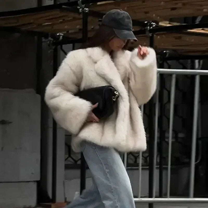 Furffy Thicken Jackets Women Faux Fur Loose Lapel Long Sleeves Warm Coats Female Winter Fashion Solid Soft Outwears Lady