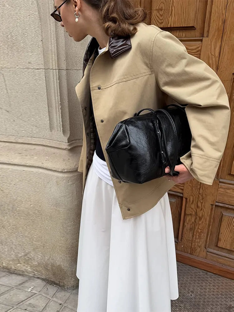 Leather Collar Cargo Jacket Button Down Plaid Pattern Patchwork Jackets Vintage Contrast Color Trench Coat Loose Casual Outwear