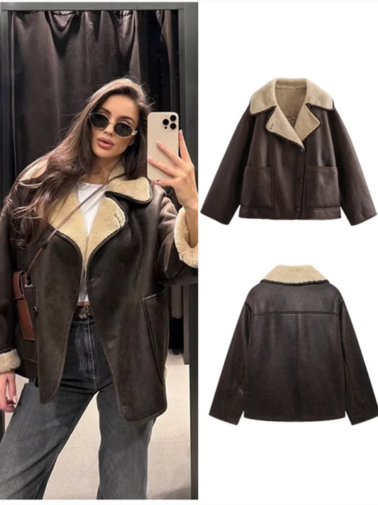 Women Double Sided Jacket Winter Casual Packet Faux Leather Jackets Single Breasted Lapel Female Coat New Commuter Outerwear