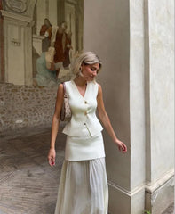 V-neck Knitted Button Sets Solid Sleeveless Vest Patchwork Pleat Gauze Skirt Suit Women 2024 New 2 Pieces Chic Outfit Streetwear