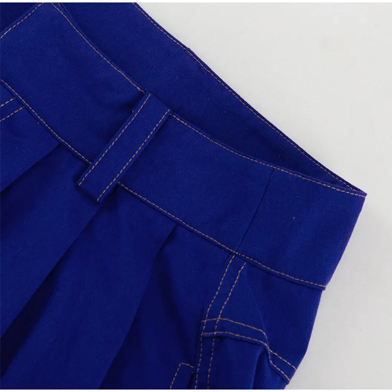 Wide Leg Fashion Pleated Pants For Women Loose High Waist Straight Striped Blue Street Pants Female 2025 Spring Street Trousers
