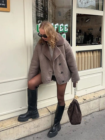 Elegant Lapel Women's Lamb Wool Splicing Suede Jacket Fashion Single Breasted Long Sleeve Thicken Warm Coat Lady Streetwear