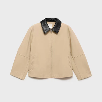 Leather Collar Cargo Jacket Coat Color Patchwork Lapel Button Zipper Pocket Workwear Outwear Loose Casual Minimalist Outwear Top