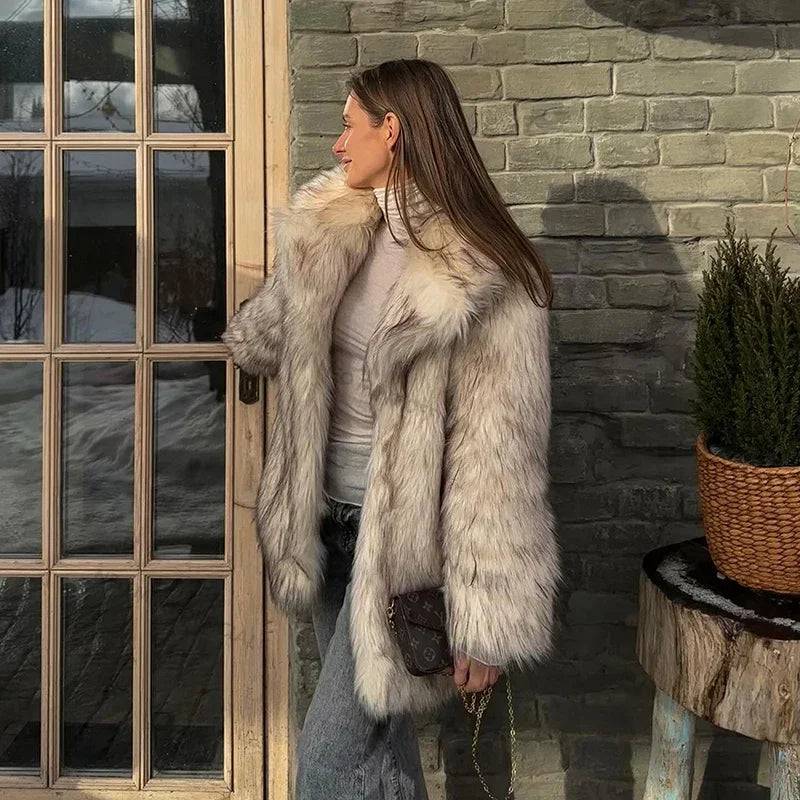 Luxury Brand Fluffy Faux Fur Jacket Women Winter Long Thicken Warm Gradient Fox Fur Coat Streetwear Furry Overcoat