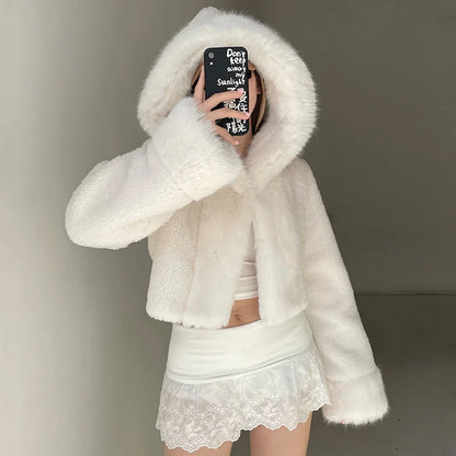 Faux Fur Hooded Coat Women Fashion High Street Fluffy White Snow Jacket Winter Warm Slim Outwear Stylish Lady Outfits