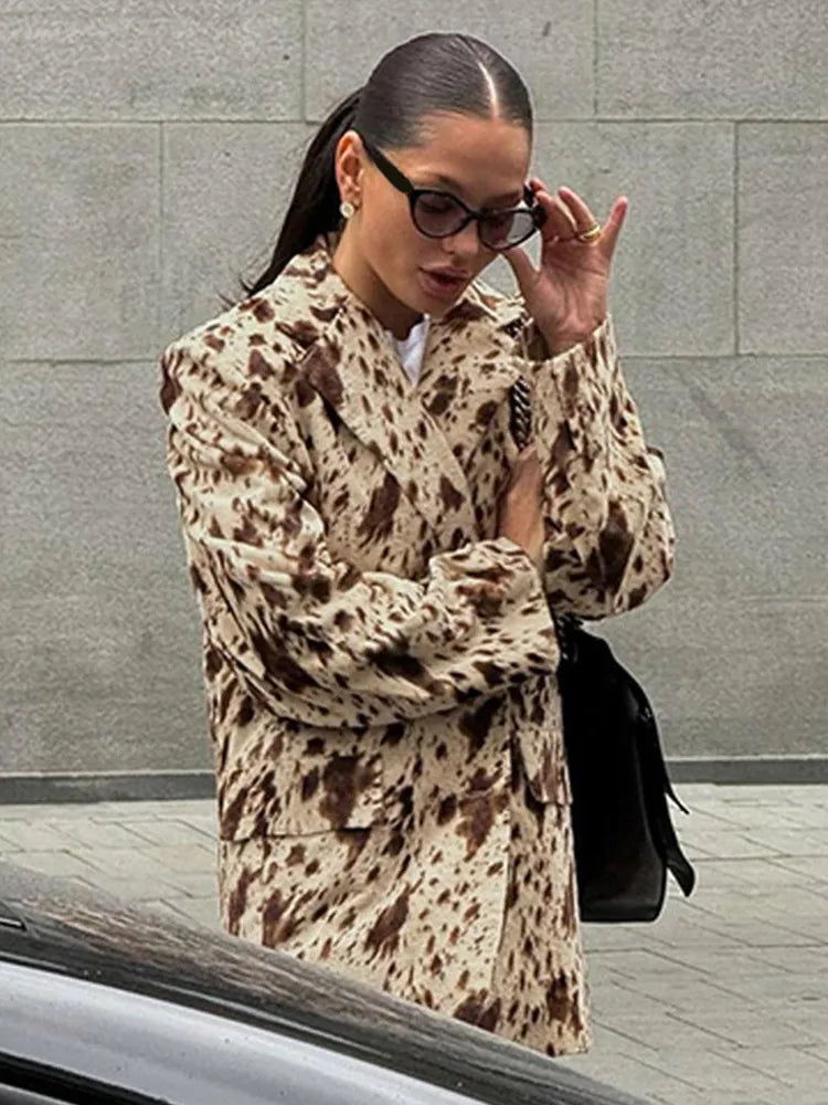 Vintage Leopard Print Woman Blazer Jacket Fashion Lapel Single Breasted Pockets Long Sleeve Coat Lady Fall Office Outerwear