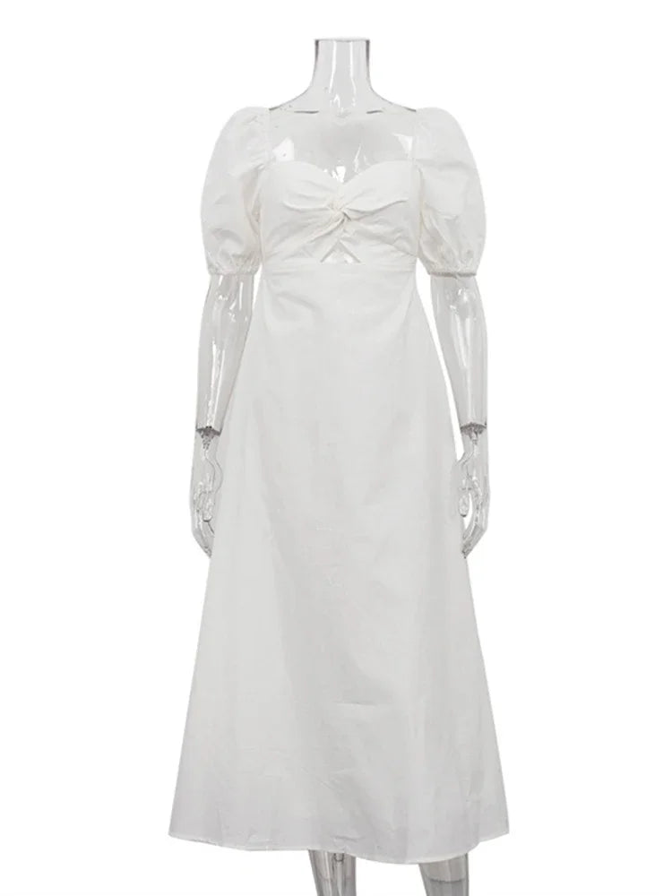 White Square Collar Puff Sleeve Long Dress For Women Slim A-Line Twist Hollow Out Cotton Elegant Dresses Autumn Fashion