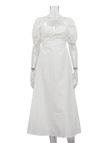 White Square Collar Puff Sleeve Long Dress For Women Slim A-Line Twist Hollow Out Cotton Elegant Dresses Autumn Fashion