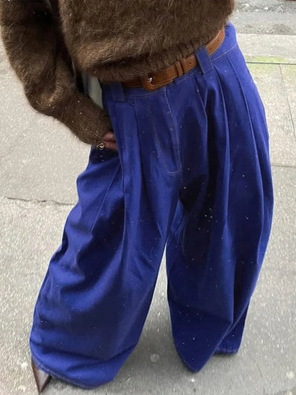 Wide Leg Fashion Pleated Pants For Women Loose High Waist Straight Striped Blue Street Pants Female 2025 Spring Street Trousers