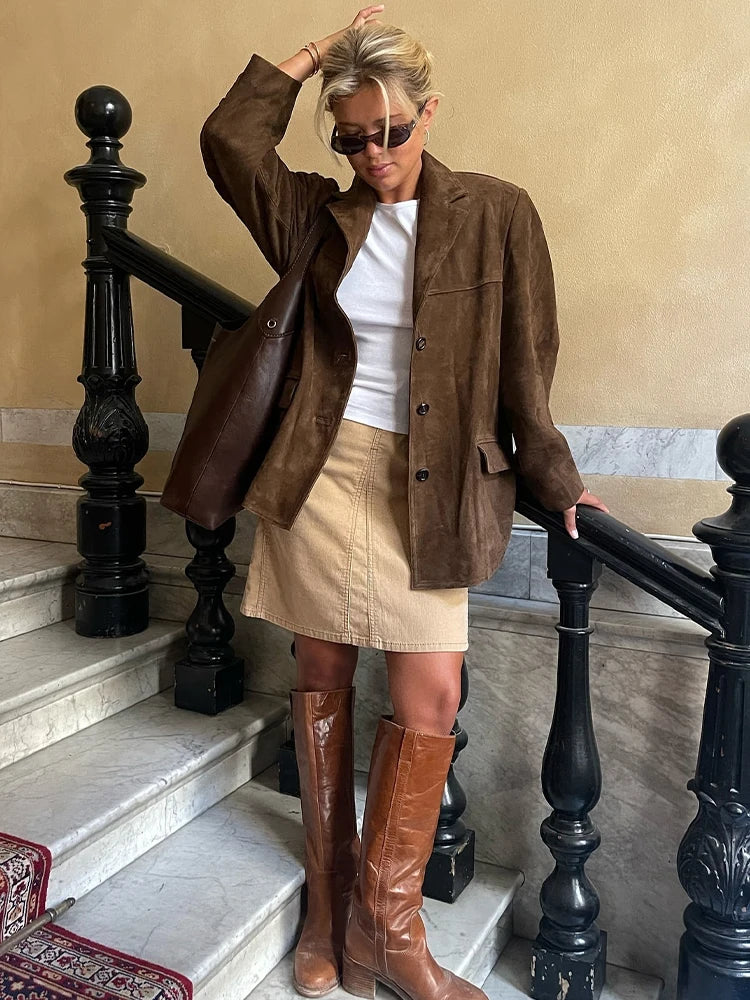 Women Autumn And Winter Suede Single-breasted Blazer Female Chic High Street Fashion Casual Lapel Long Sleeve Coat Mujer