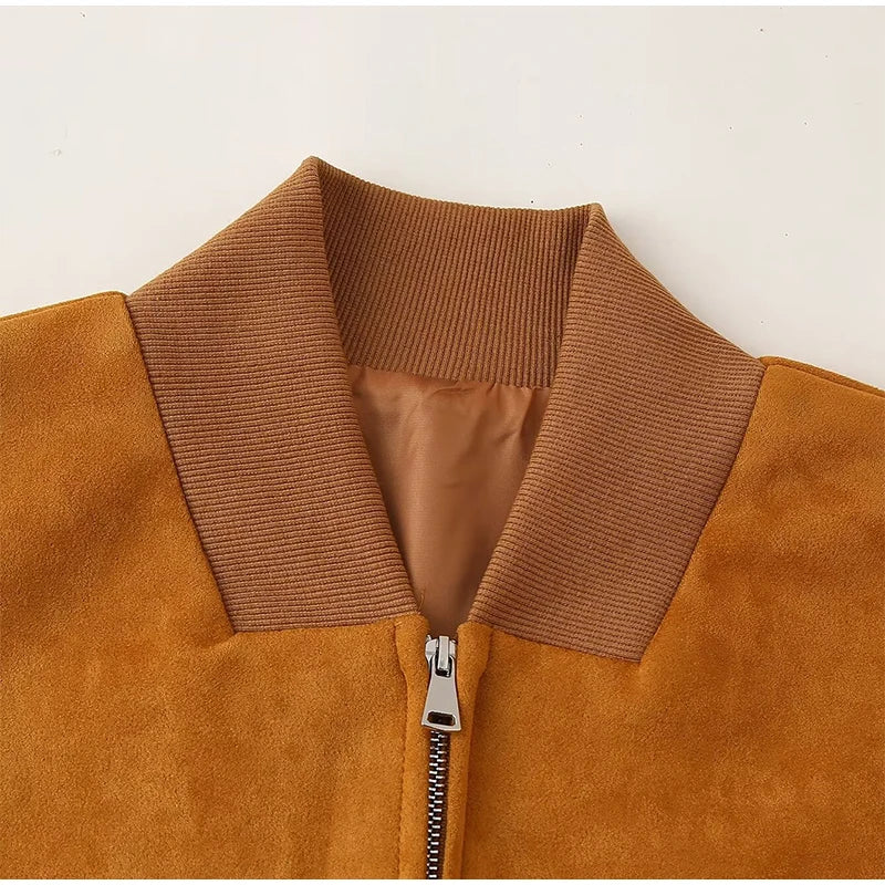 Women Patchwork Suede Jackets Long Sleeve Pocket Zipped Stand Coats 2024 Autumn Winter New Fashion Commuting Top Outerwears