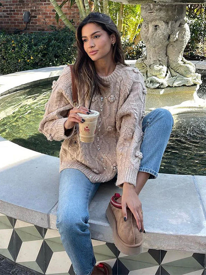 3D Flower Knit Pullover Women Loose Fashion Sequin Round Neck Long Sleeves Jumper Female Autumn Winter Warm Knitwears Lady