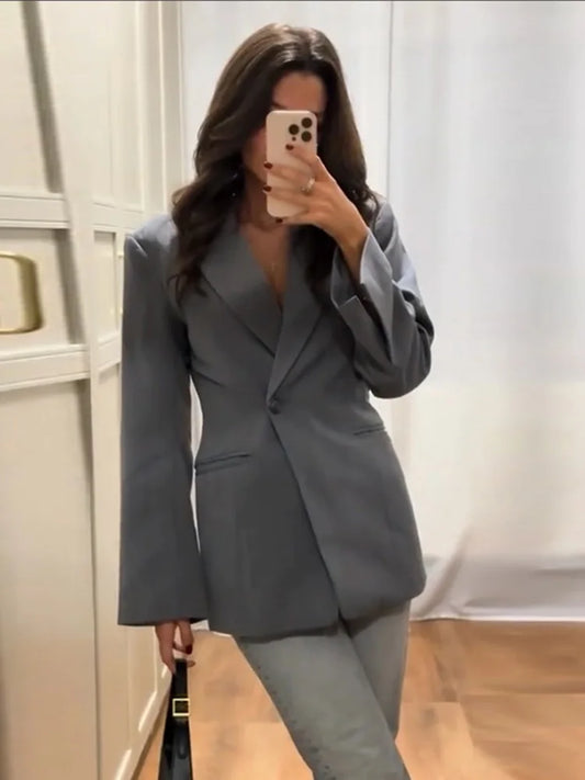 Vintage Solid Single Button Suit Jacket Women Elegant Slim Lapel Blazer Jackets Female New Spring Chic Street Office Outwear