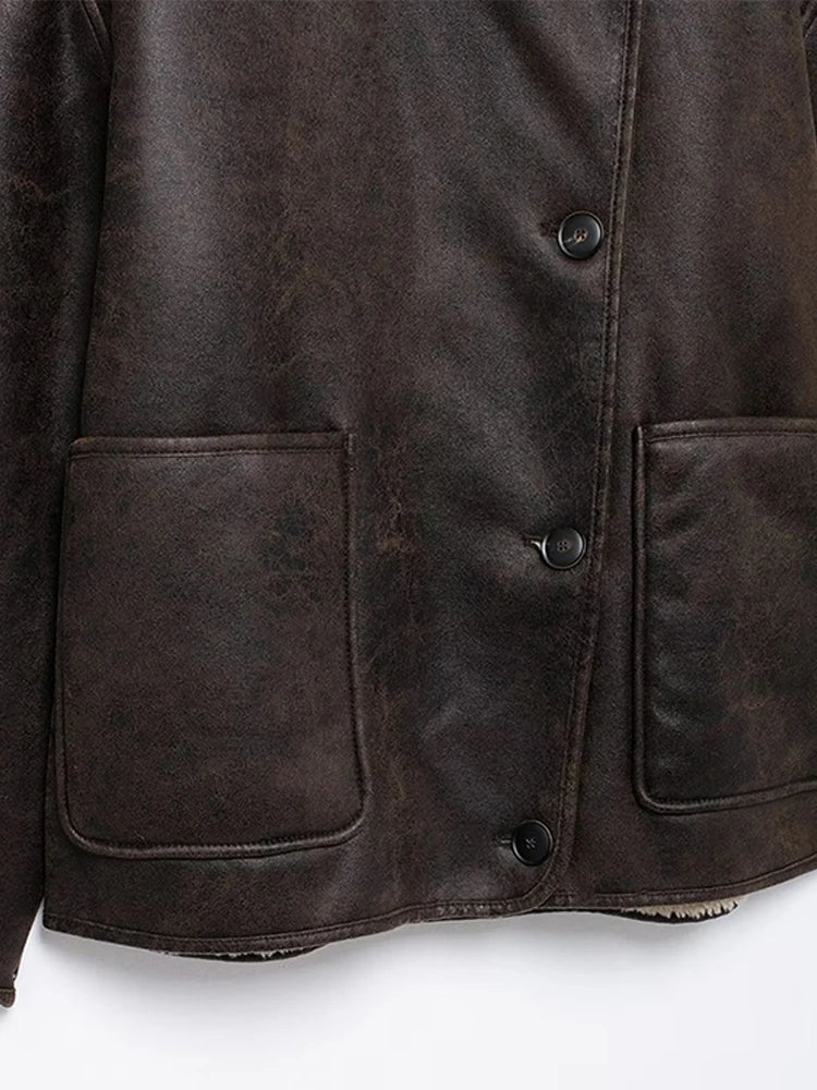 Women Double Sided Jacket Winter Casual Packet Faux Leather Jackets Single Breasted Lapel Female Coat New Commuter Outerwear