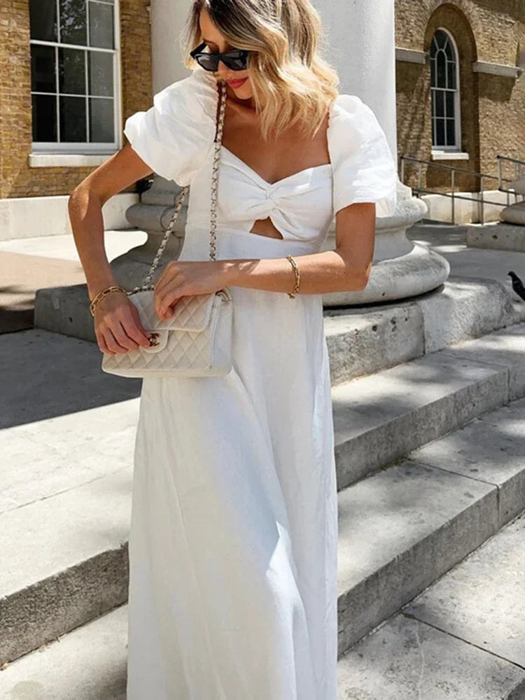 White Square Collar Puff Sleeve Long Dress For Women Slim A-Line Twist Hollow Out Cotton Elegant Dresses Autumn Fashion
