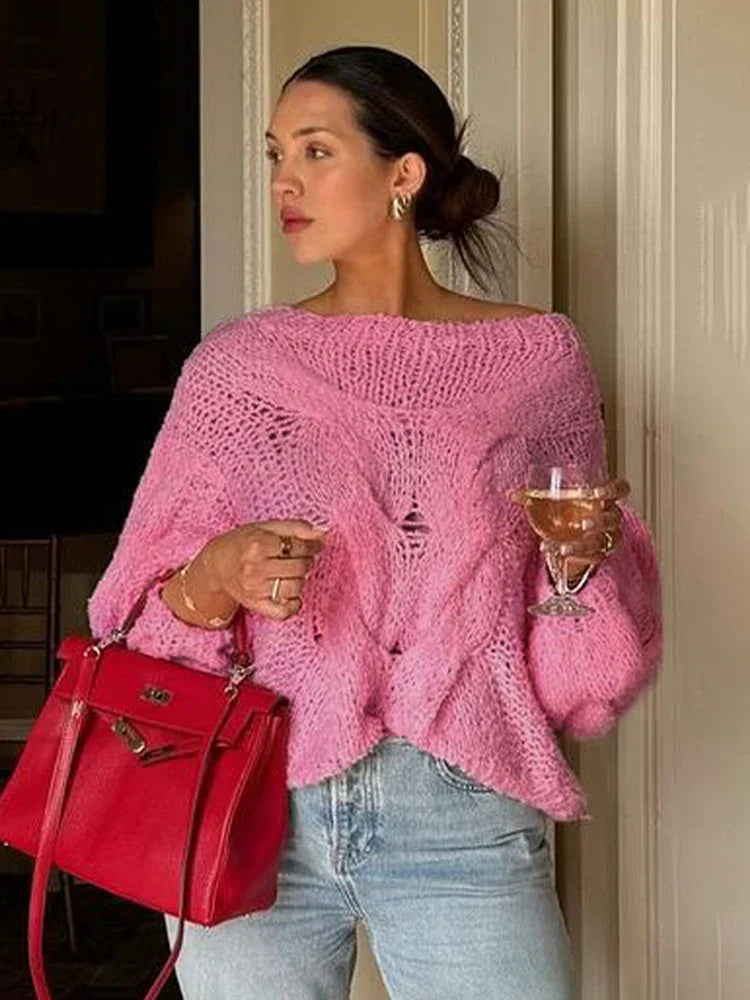 Women's Hand-knitted Twist Sweater Pullover Loose Fashion Versatile Long Sleeve Knitted Top Solid Color Autumn Winter New