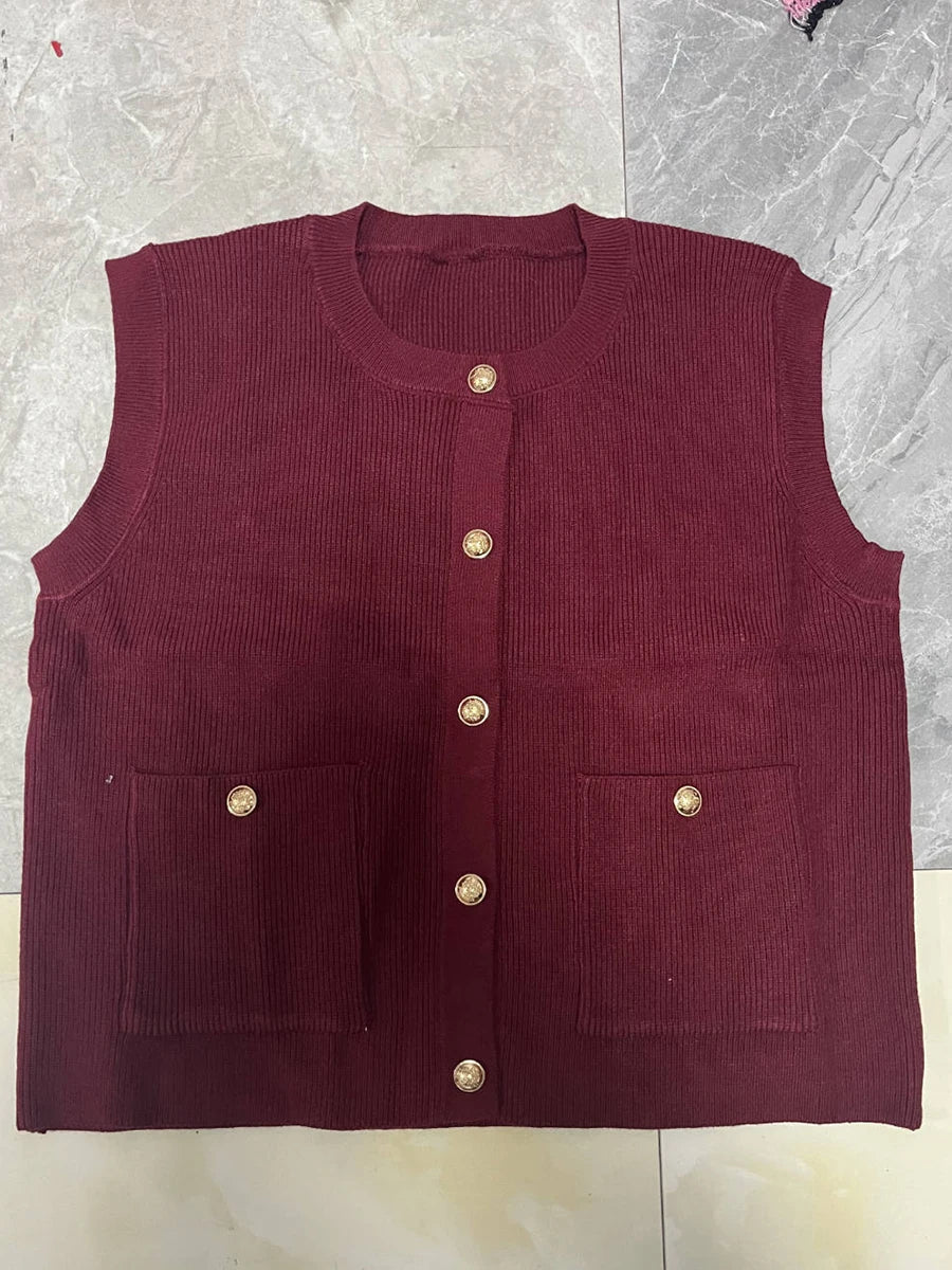 Pocket Solid Cardigan Vest Women O Neck Single Breasted Sleeveless Knit Waistcoat 2025 New Simple Casual Fashion Sweater Jacket