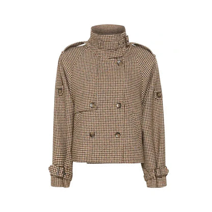 Plaid Double Breasted Street Coat Women Drop-shoulder Long Sleeve Stand Collar Loose Pocket Casual Jacket 2025 Autumn Outwear