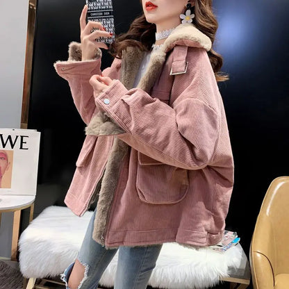 Plush Jacket Color Block Zipper Women'S Cotton Jacket Thickened Winter Warm Solid Color Jacket Long Sleeve Retro Jacket