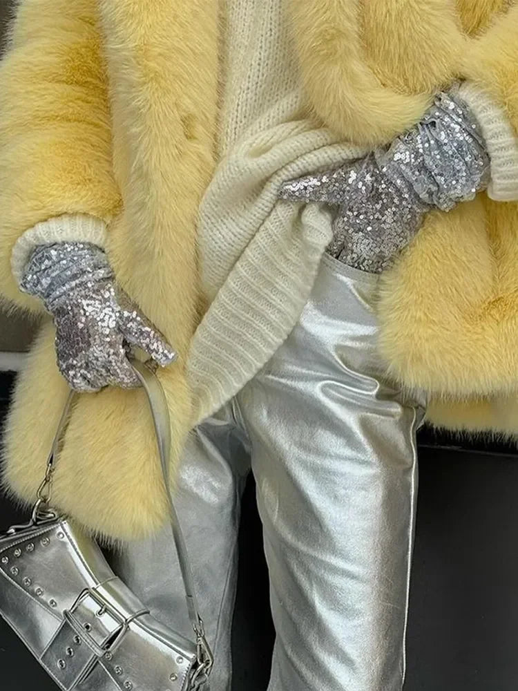 Luxury Thick Warm Women Coats Turn-down Collar Faux Fur Pocket Jackets Outwears Autumn Winter Soft Fluffy Ladies Overcoat